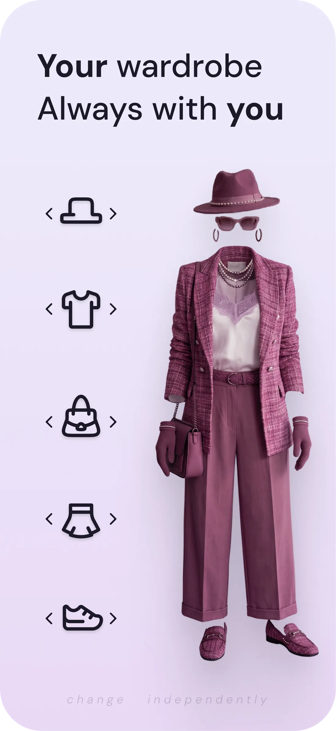 A digital wardrobe of hats, tops, bags, skirts and shoes in DrapeAI