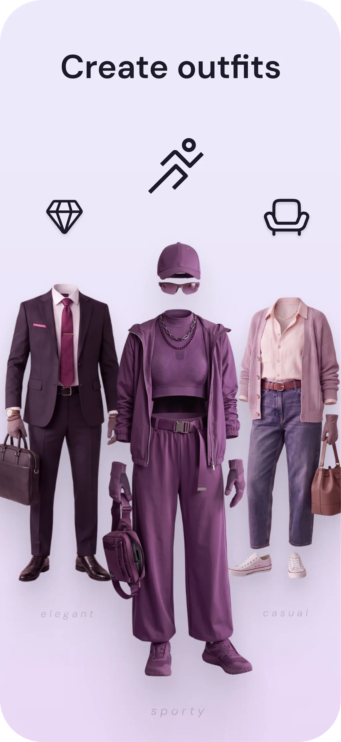 Three outfits built in DrapeAI — elegant, sporty and casual