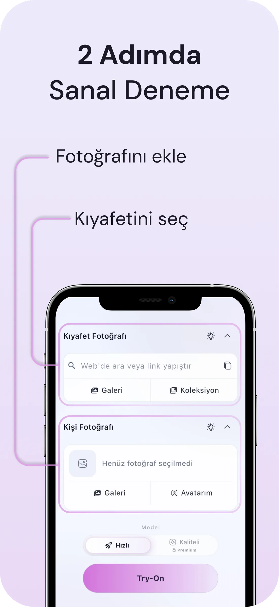 DrapeAI deneme ekranı: kıyafet fotoğrafı ekle, sonra kendi fotoğrafını ekle