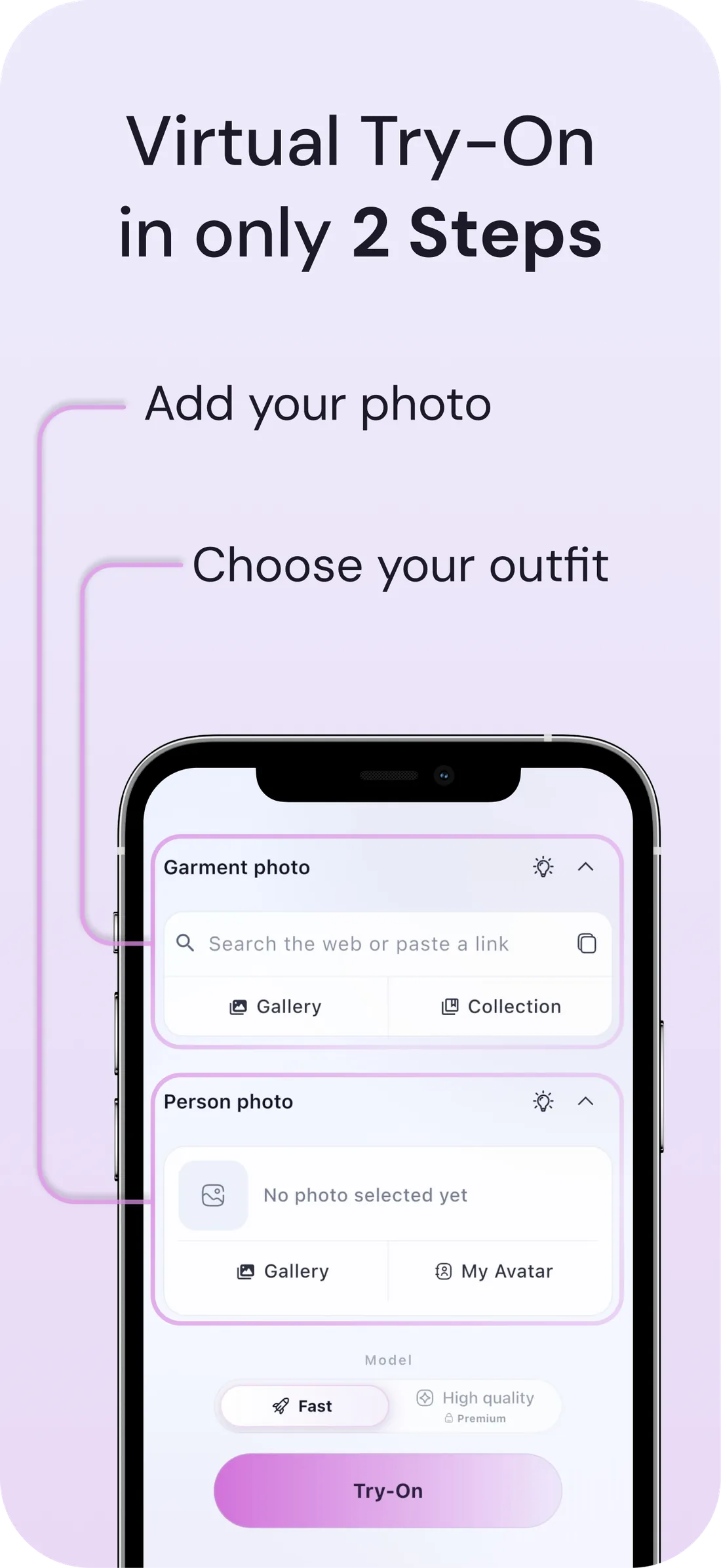 The DrapeAI try-on screen: add a garment photo, then add your own photo