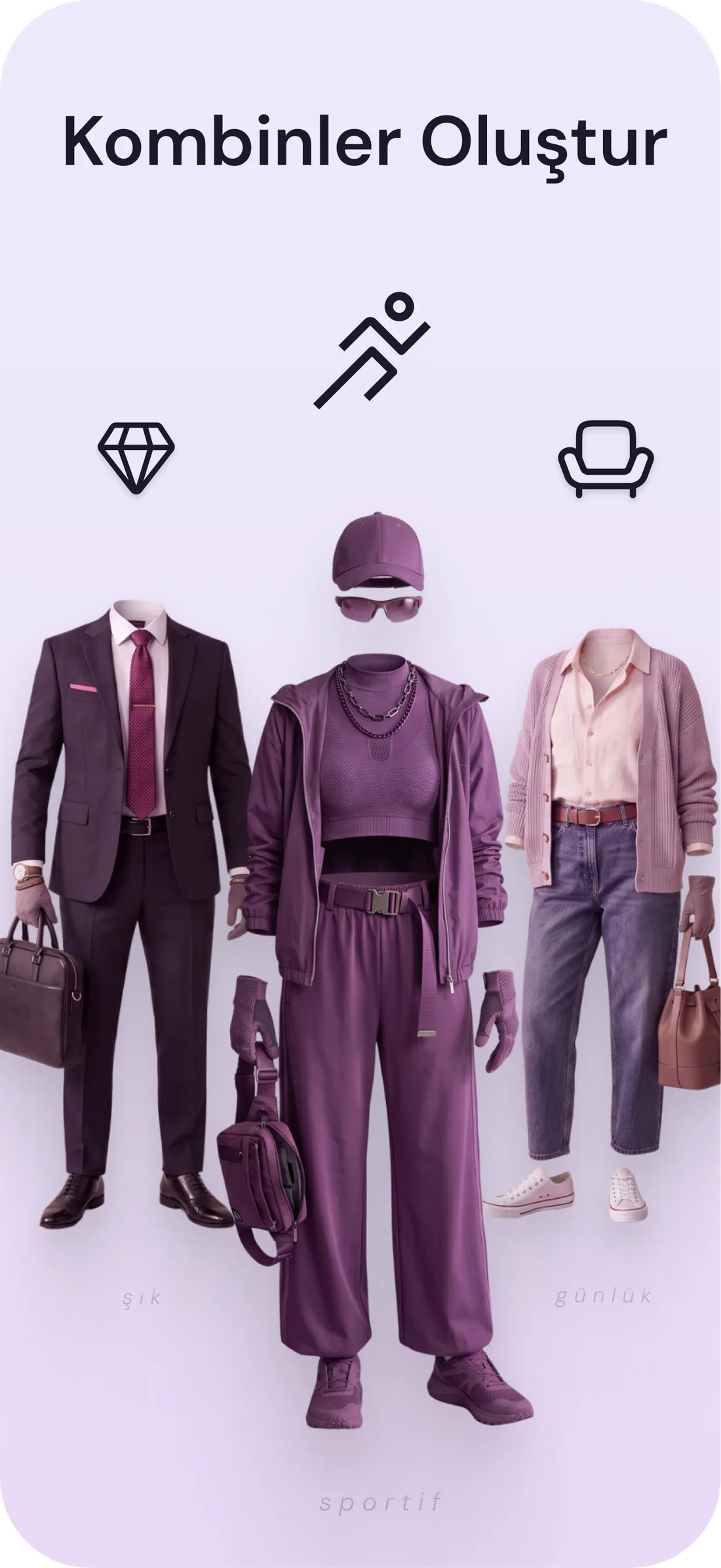 DrapeAI'de oluşturulmuş üç kombin: elegant, sporty ve casual