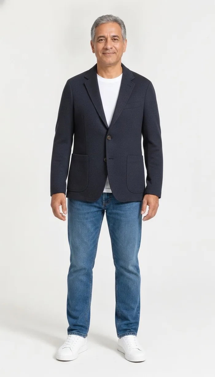 A DrapeAI virtual try-on result showing a navy blazer over a white tee