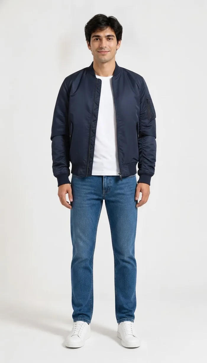A DrapeAI virtual try-on result showing a navy bomber jacket with jeans