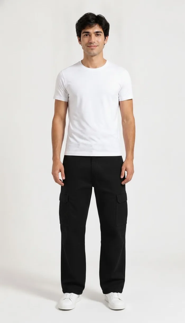 A DrapeAI virtual try-on result showing black cargo trousers with a white tee