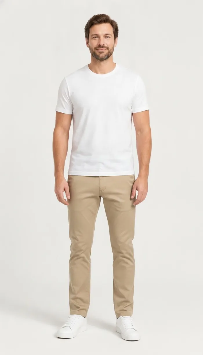 A DrapeAI virtual try-on result showing stone chino trousers with a white tee