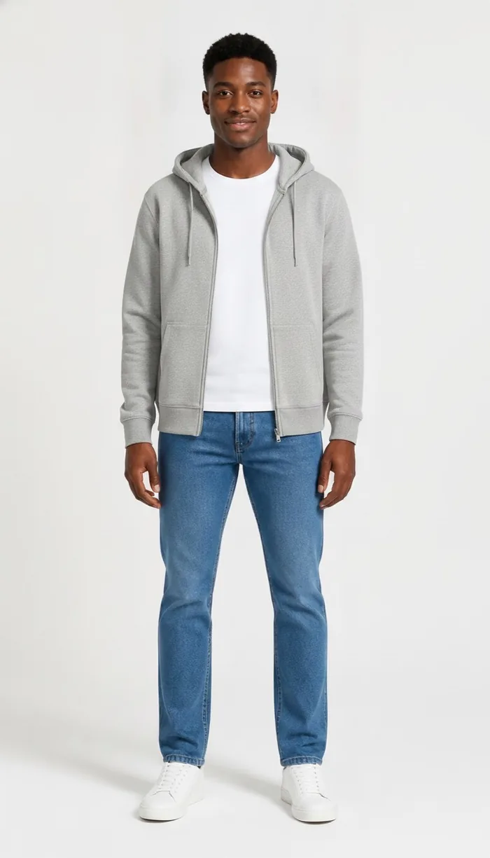 A DrapeAI virtual try-on result showing a grey zip hoodie with jeans