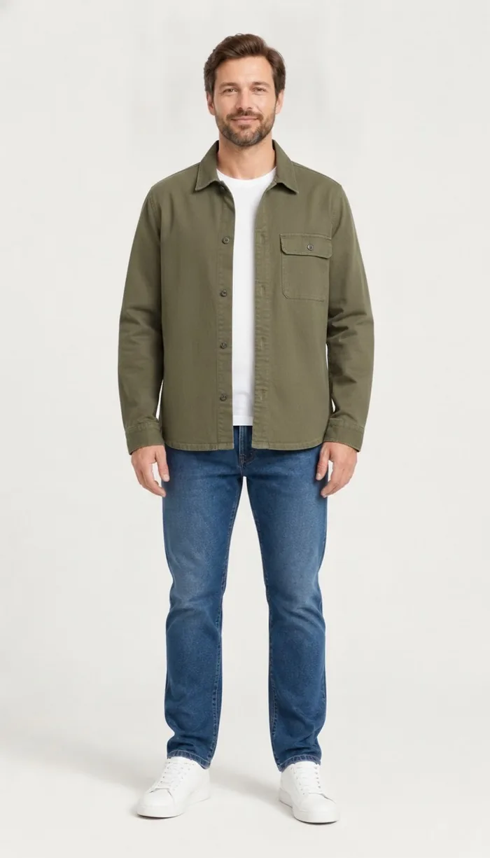 jeanle haki overshirt gösteren bir DrapeAI sanal deneme sonucu