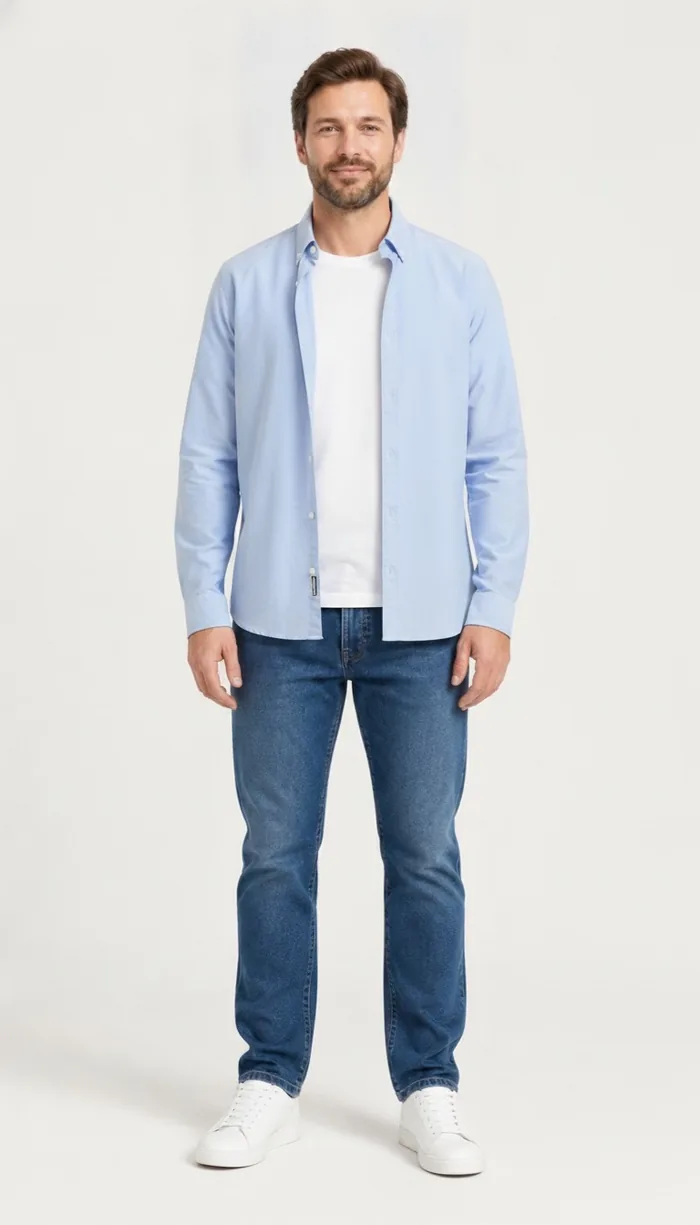 A DrapeAI virtual try-on result showing a light blue oxford shirt with jeans