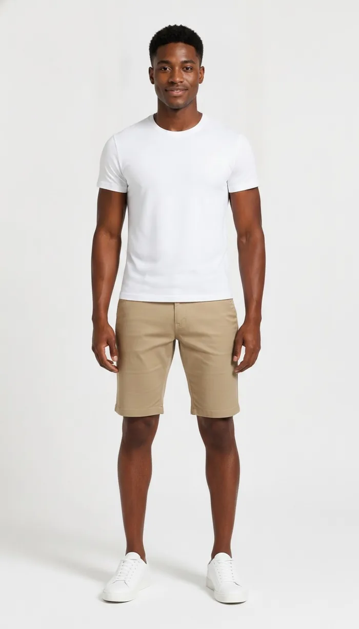 A DrapeAI virtual try-on result showing khaki chino shorts with a white tee