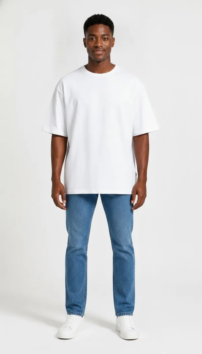 A DrapeAI virtual try-on result showing a white cotton tee with jeans