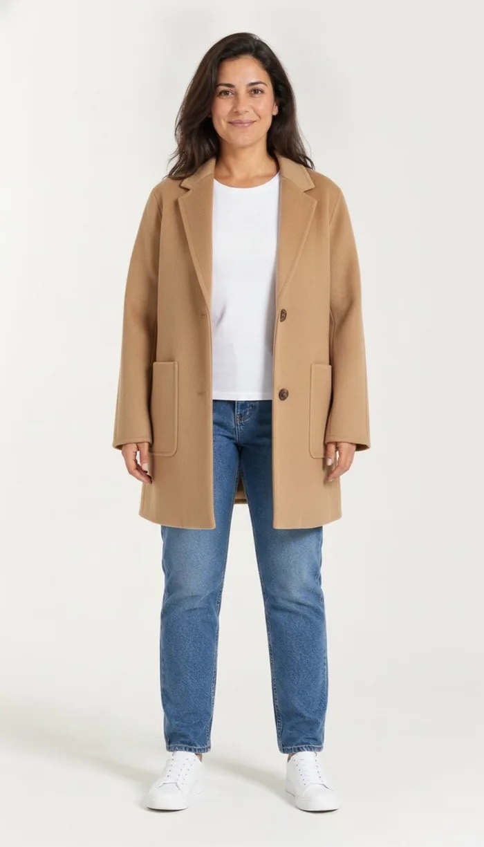beyaz tişört ve jean üzerine camel blazer gösteren bir DrapeAI sanal deneme sonucu
