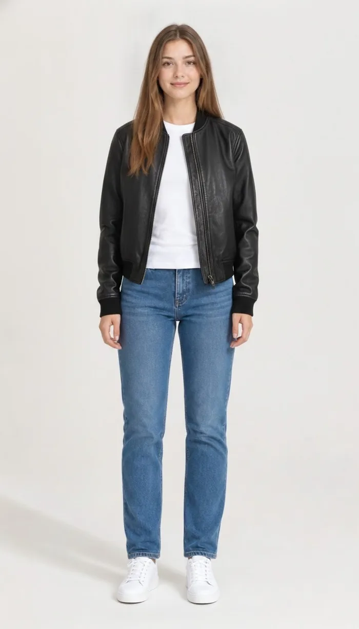 A DrapeAI virtual try-on result showing a black leather bomber jacket with jeans