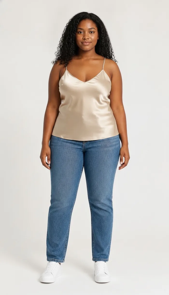 A DrapeAI virtual try-on result showing a champagne satin cami with jeans