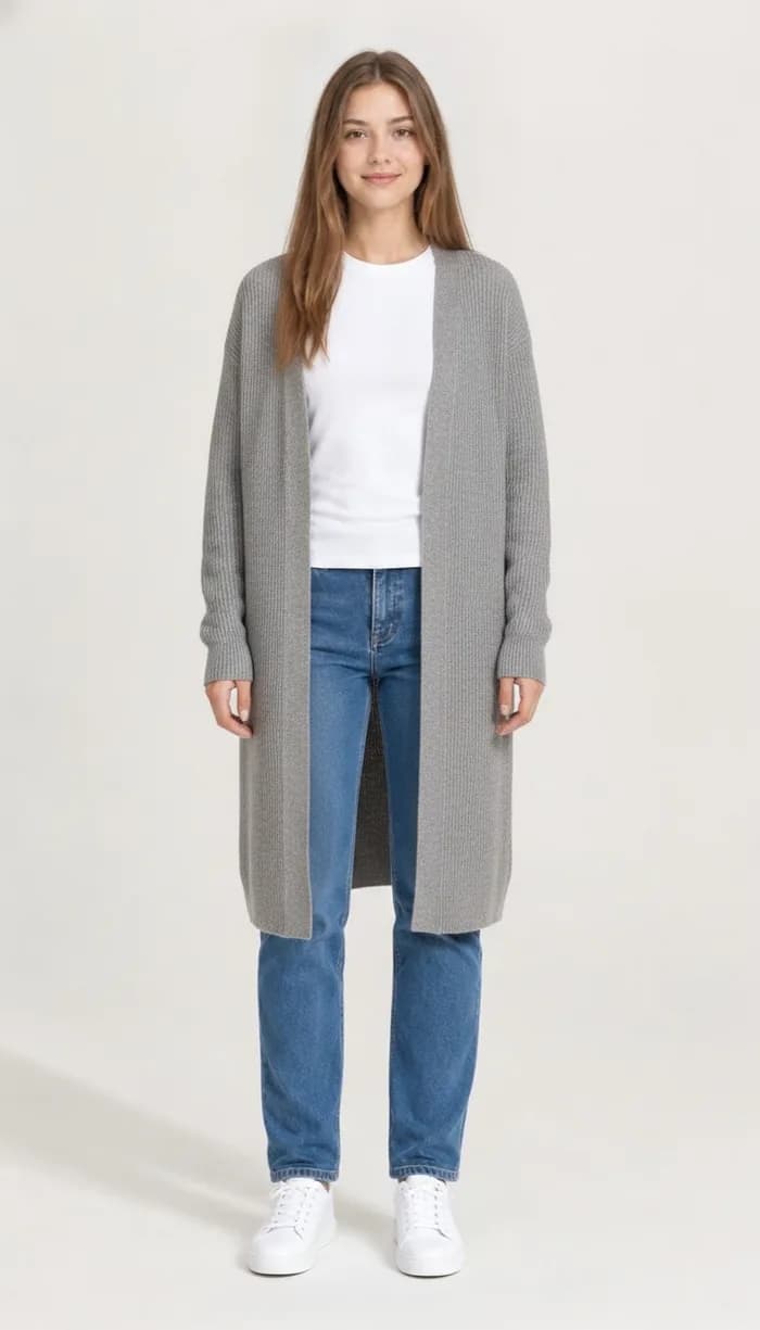 A DrapeAI virtual try-on result showing a long grey cardigan over jeans