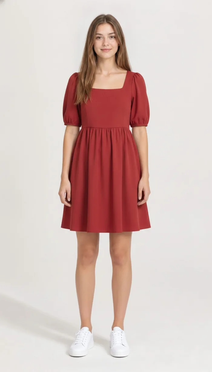 A DrapeAI virtual try-on result showing a cherry-red babydoll dress
