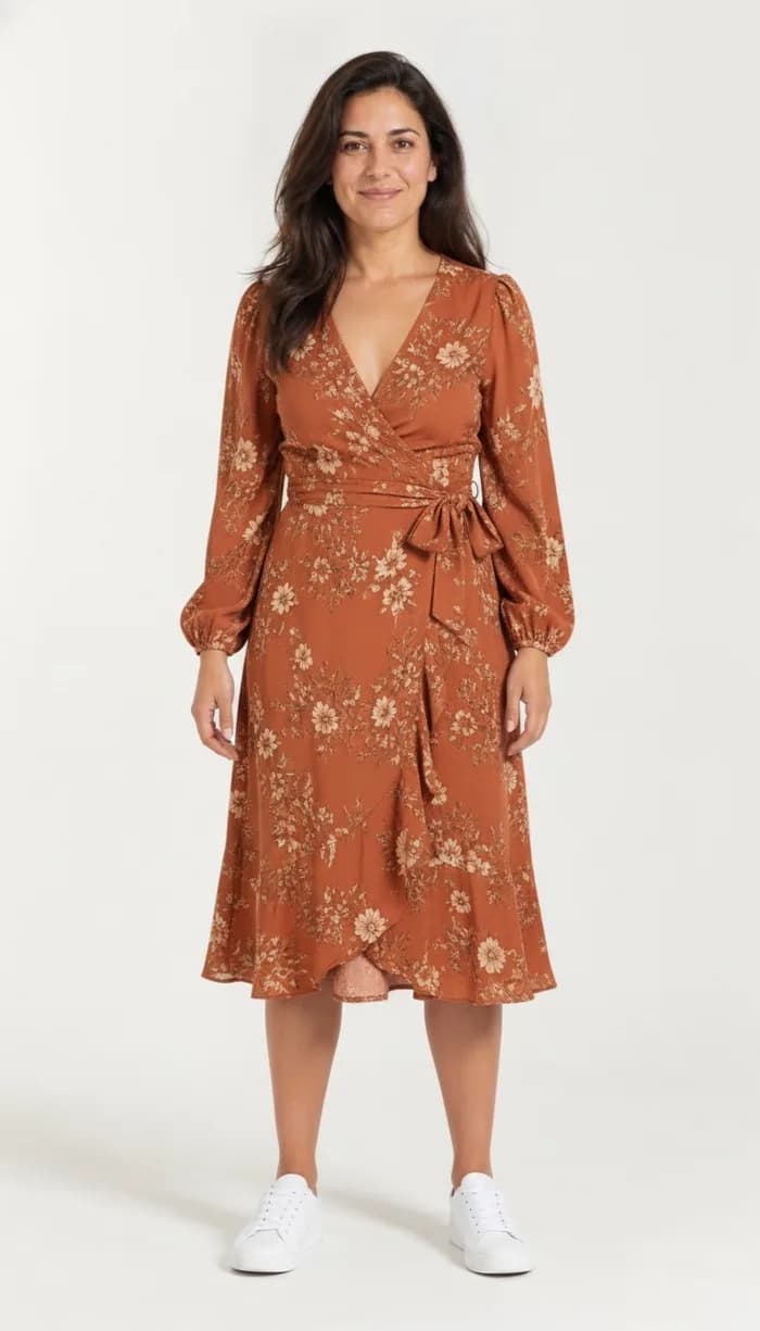A DrapeAI virtual try-on result showing a terracotta floral wrap dress