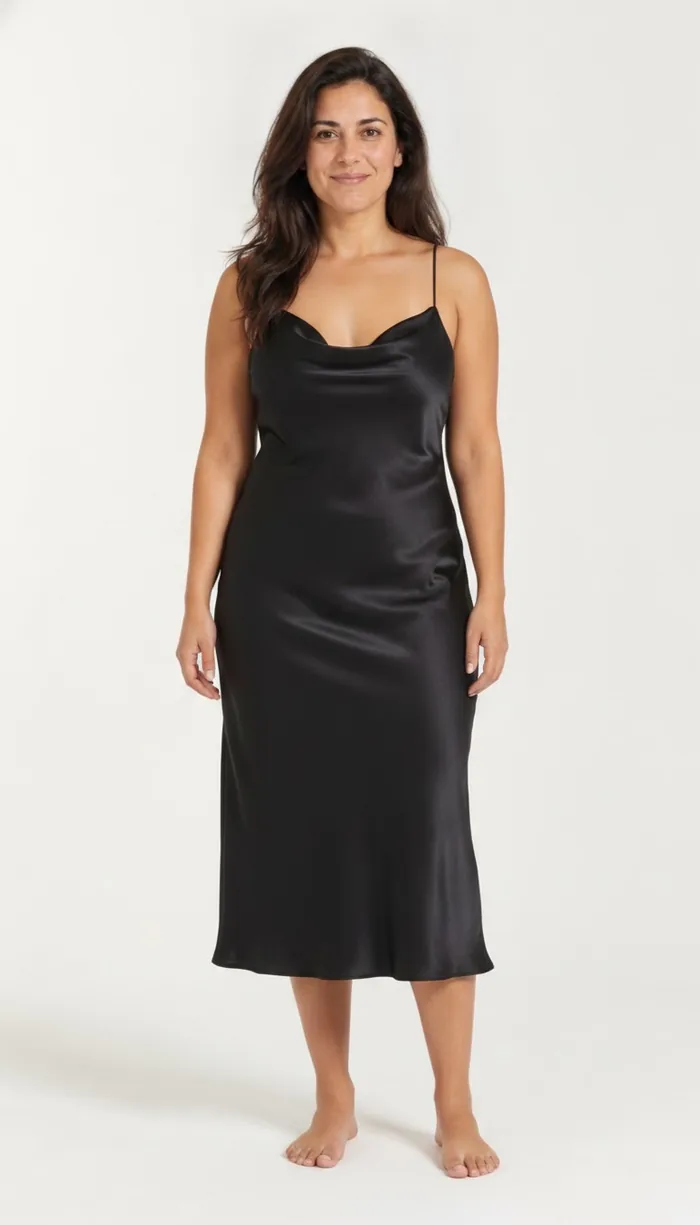 A DrapeAI virtual try-on result showing a black satin slip dress