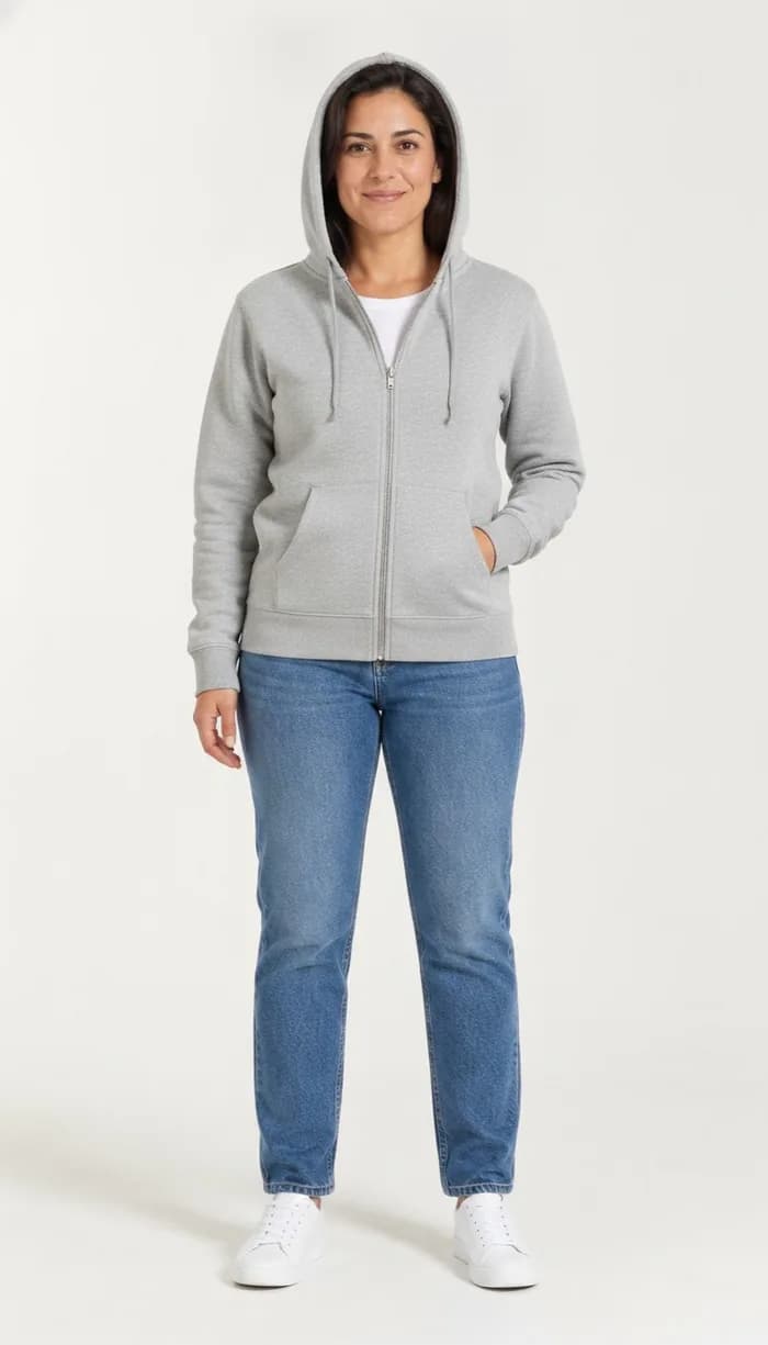 A DrapeAI virtual try-on result showing a grey zip hoodie worn with jeans