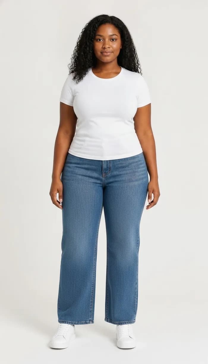 A DrapeAI virtual try-on result showing wide-leg blue jeans with a white tee