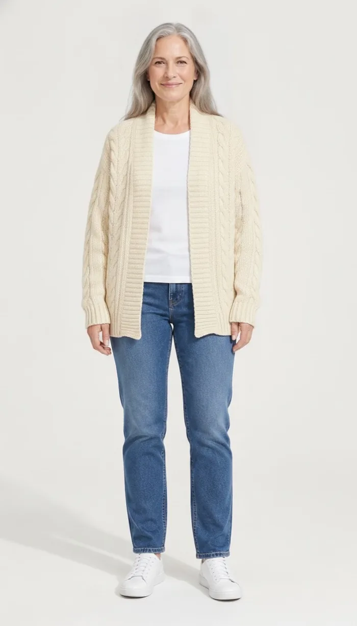 A DrapeAI virtual try-on result showing a cream knit cardigan over jeans