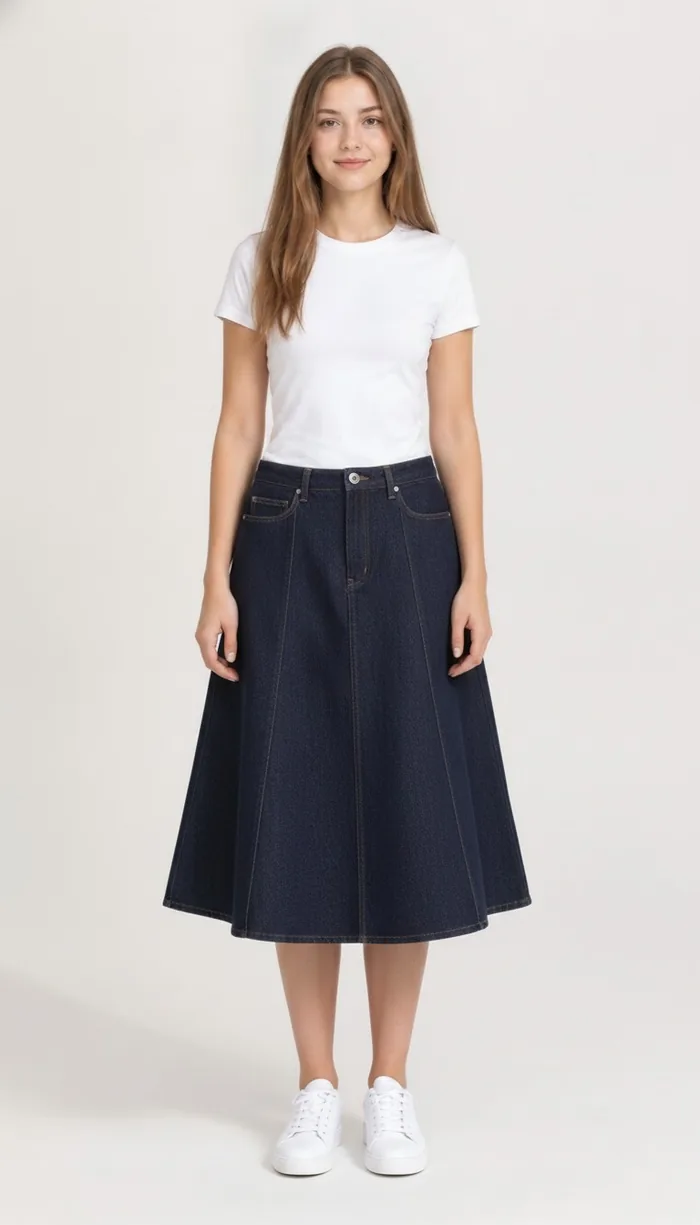 A DrapeAI virtual try-on result showing a midi denim skirt with a white tee