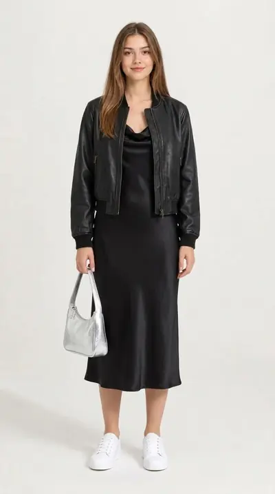 The outfit planned for the selected day, shown on a personal avatar: a black satin slip dress with a black leather bomber jacket and a silver shoulder bag