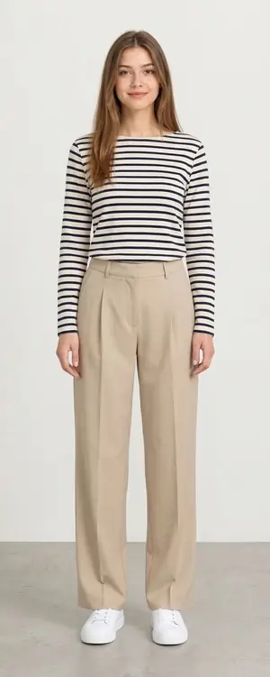 A casual outfit styled by DrapeAI on a personal avatar: a navy striped long-sleeve top with beige trousers and white sneakers