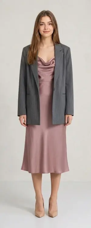 A elegant outfit styled by DrapeAI on a personal avatar: a dusty rose satin slip dress under a grey pinstripe blazer, with nude heels