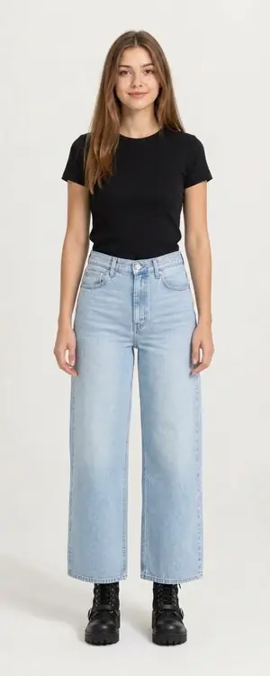 A streetwear outfit styled by DrapeAI on a personal avatar: a black tee with wide-leg jeans and black combat boots