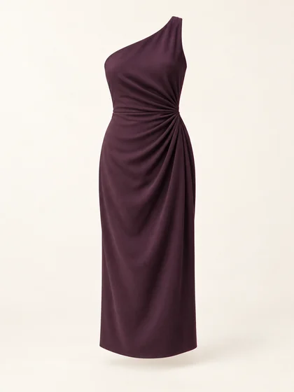 An original one-shoulder plum midi dress with a draped waist