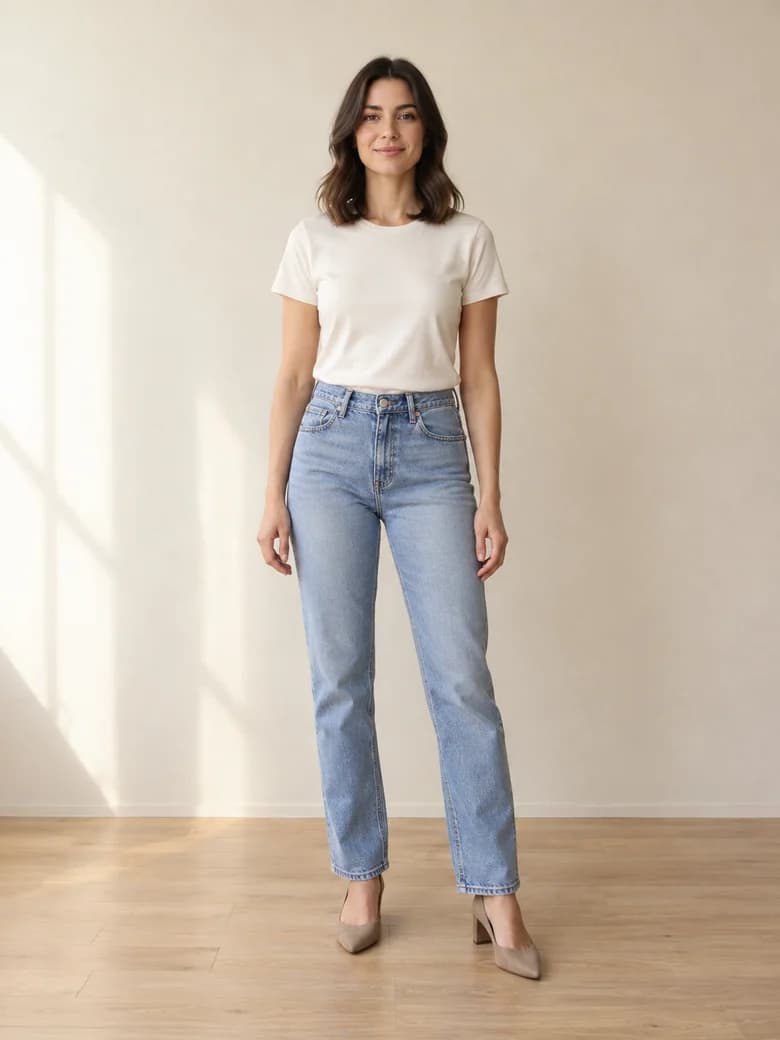 AI-generated starting photo of a woman in an ivory T-shirt and light blue jeans