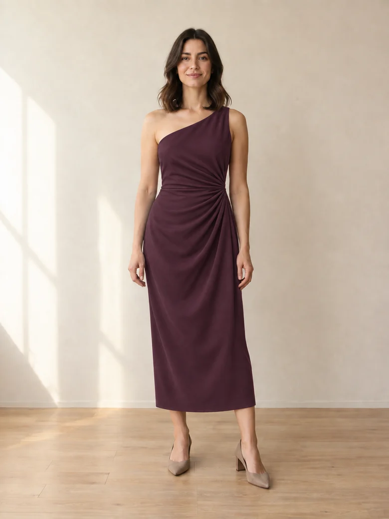 AI-generated illustration of the same woman wearing a plum dress in the same setting