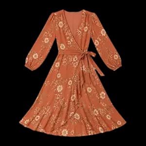 a terracotta floral wrap dress, catalogued in a DrapeAI digital wardrobe