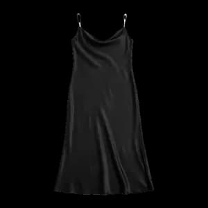 a black satin slip dress, catalogued in a DrapeAI digital wardrobe